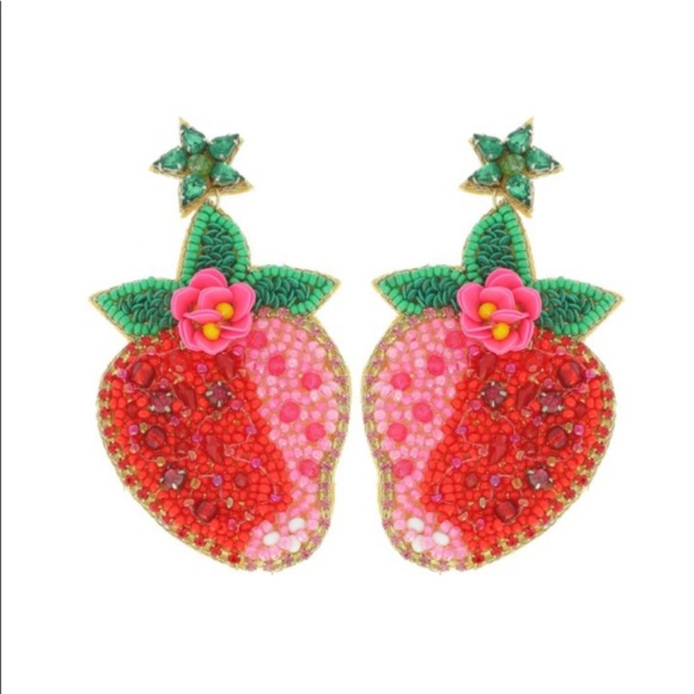 Red pink green seed bead Strawberry flower fashion style earrings